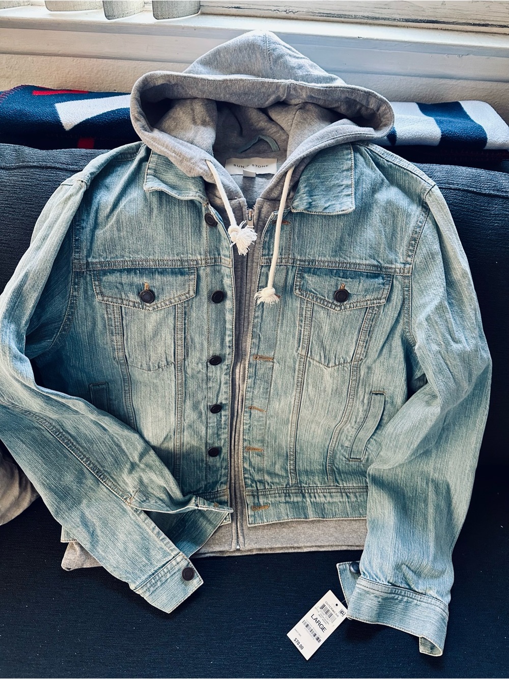 Sun + Stone Light Blue Denim Jacket with Grey Hoodie Insert Brand New with tags